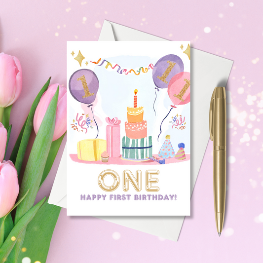 A6 Greeting Card - One, Happy First Birthday!