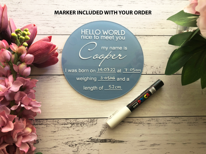 Acrylic Birth Announcement - Hello World